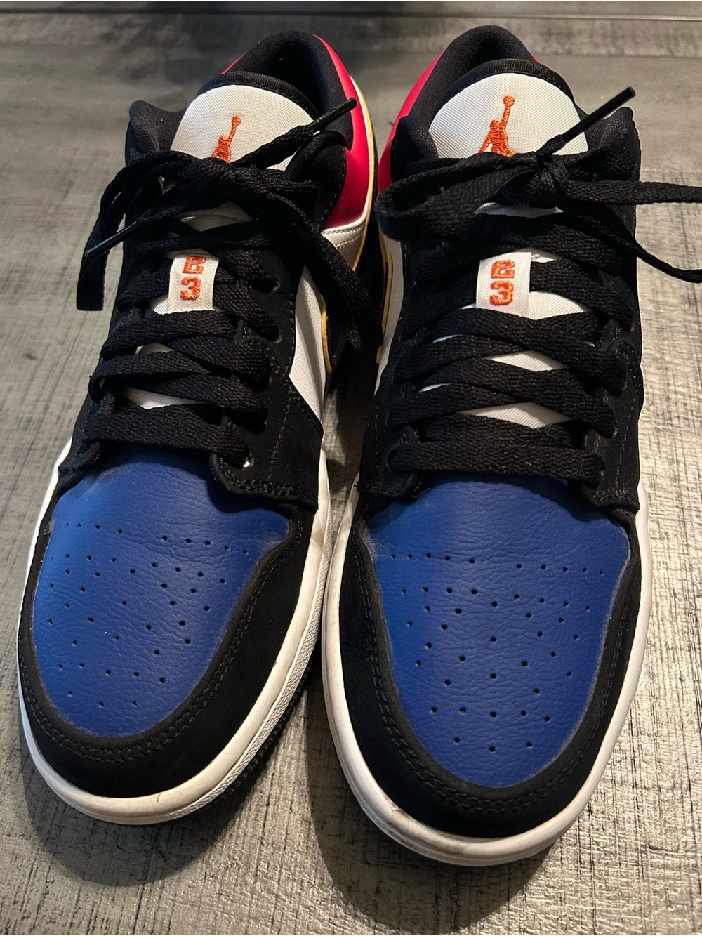 Jordan Low-Top Sneakers - Blue/Black/White with Pink and Orange Accents